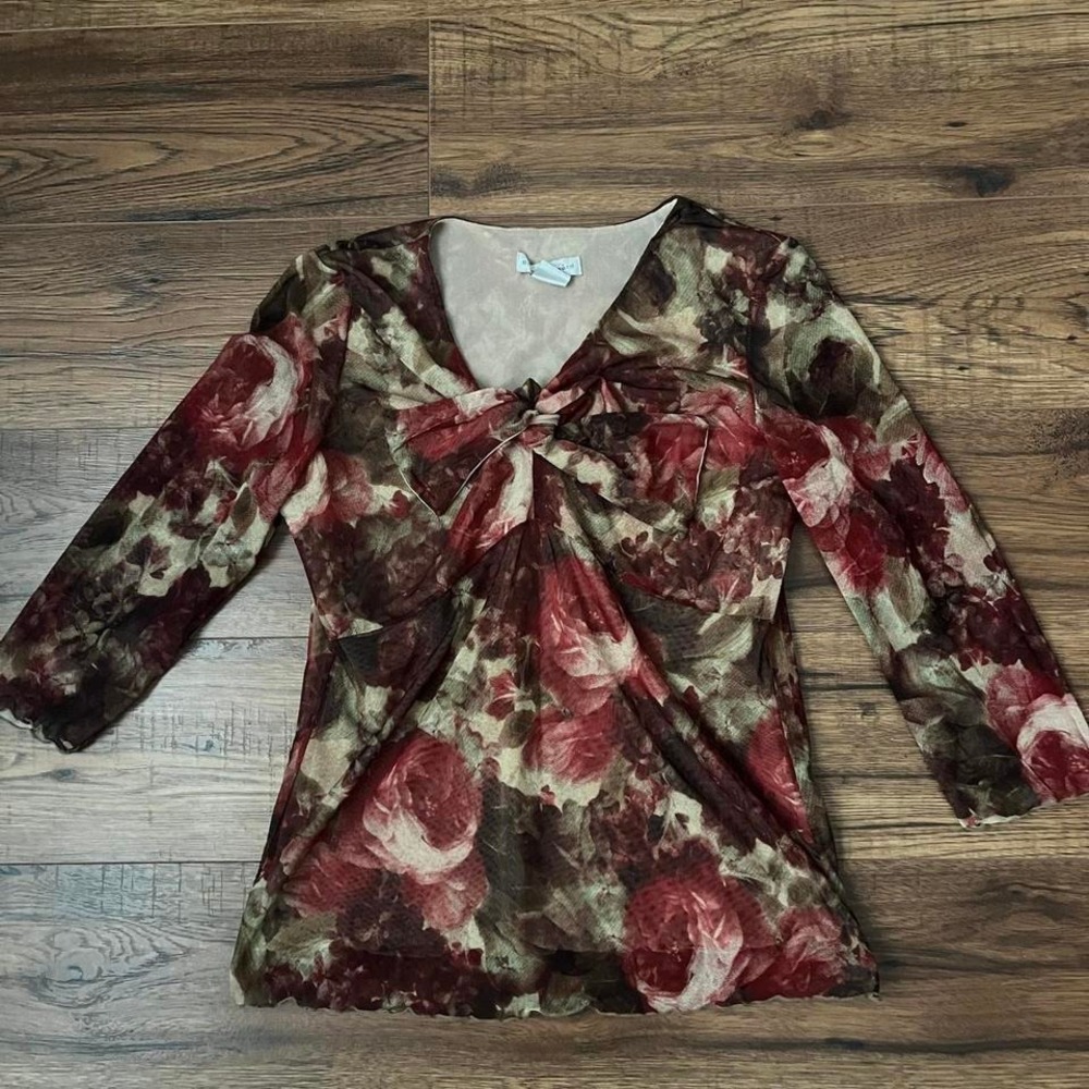 Burgundy Green Floral 3/4" Sleeve Mesh Front‎ Knot Blouse Small Coquette Boho